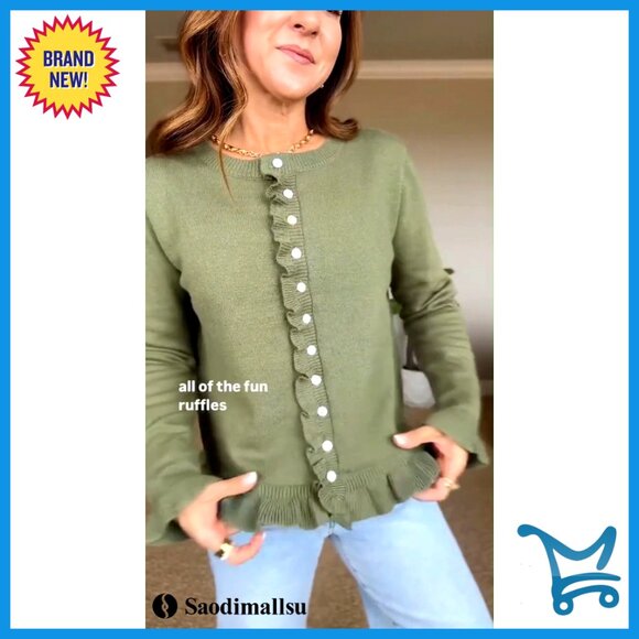 Cropped Cardigan Sweater Long Sleeve Ruffle Crew Neck Button Up Soft Knit - Picture 6 of 7